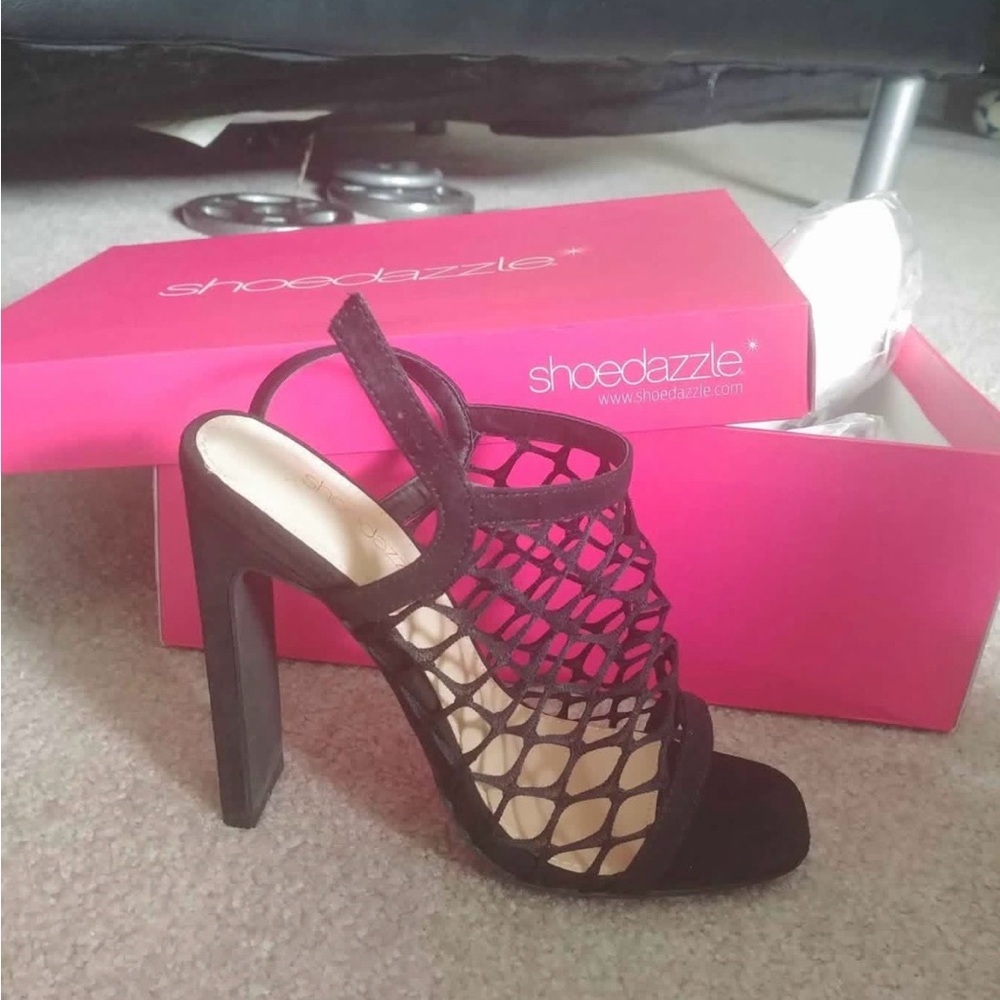 Shoe Dazzle Black Mesh Heeled Sandals